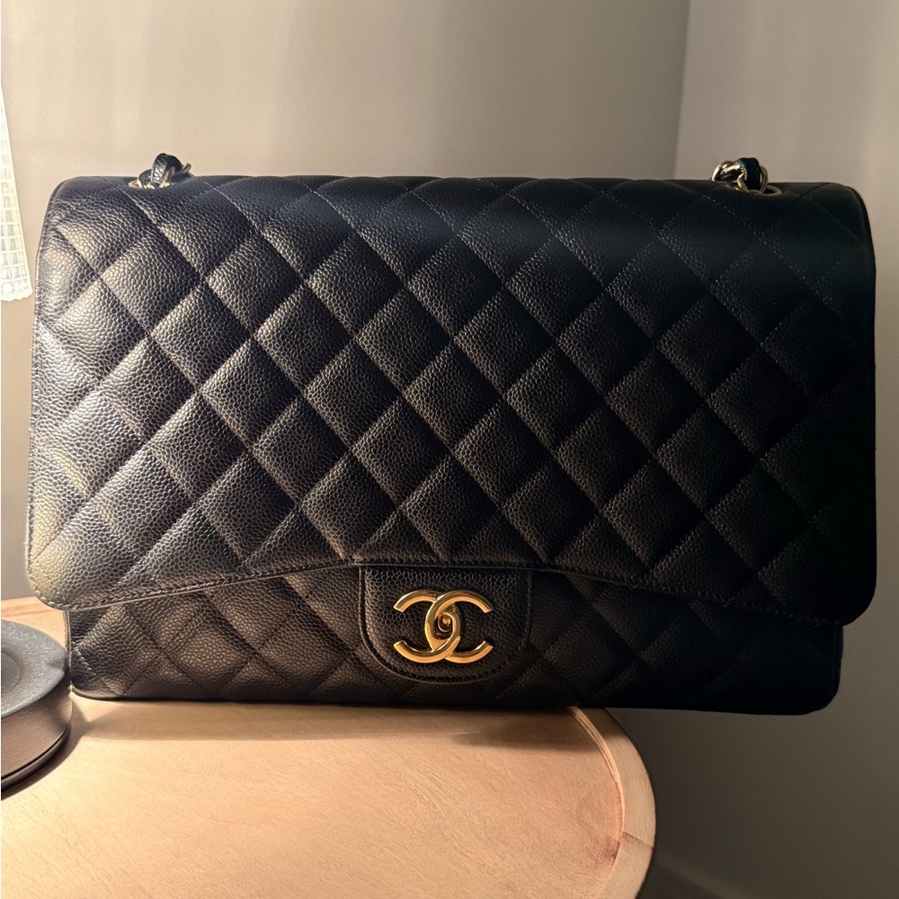 CHANEL Black Quilted Double Flap Shoulder Bag with Gold CC (MAXI) Circa 2014